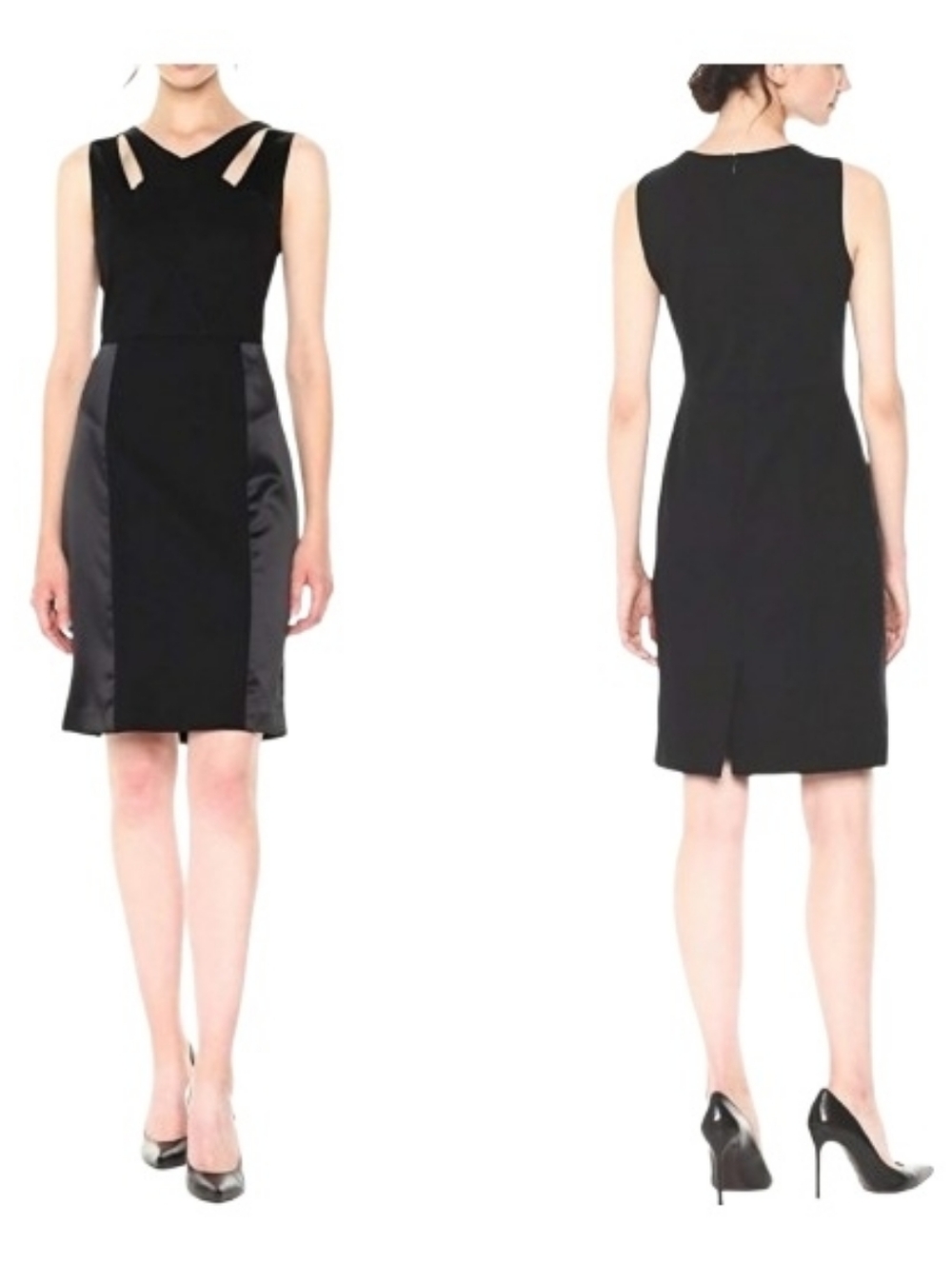 Nine West Elegant Black Sleeveless Sheath Dress Cocktail Satin Trim Unique Neck